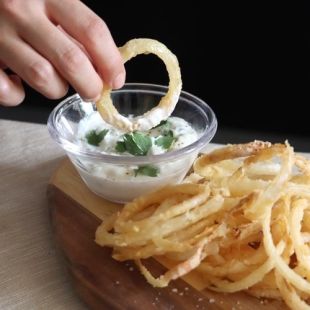 Beer-battered Onion Rings with Tzatziki